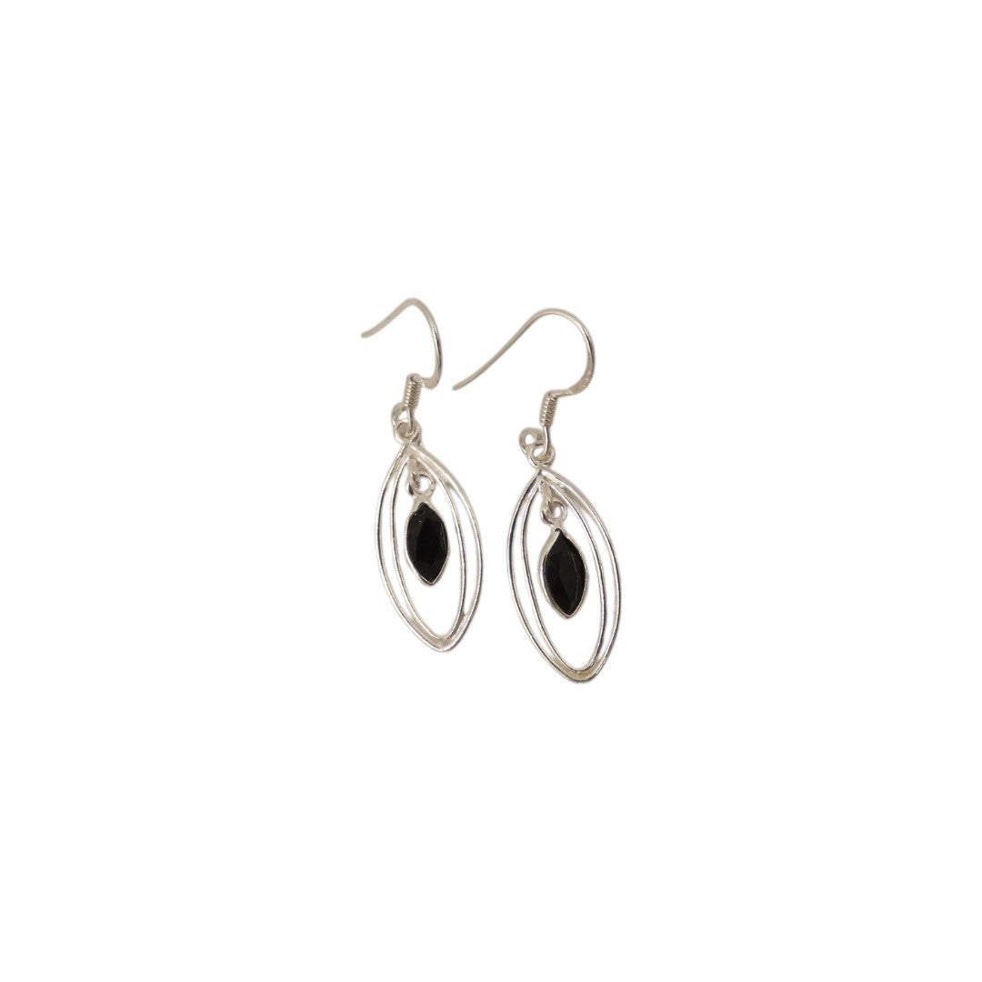 Sterling Silver Black Onyx Double Loop Teardrop Earrings 1.6"