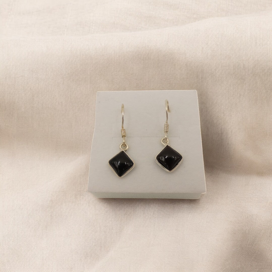 Sterling Silver Black Onyx Diamond Shape Drop Earrings 1.1"