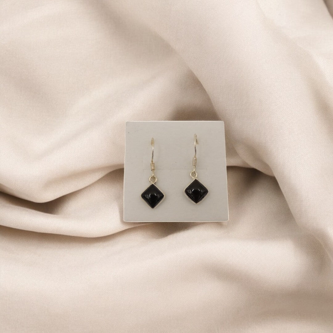 Sterling Silver Black Onyx Diamond Shape Drop Earrings 1.1"