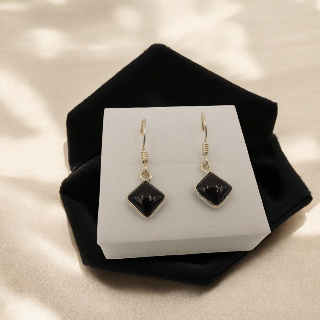 Sterling Silver Black Onyx Diamond Shape Drop Earrings 1.1"