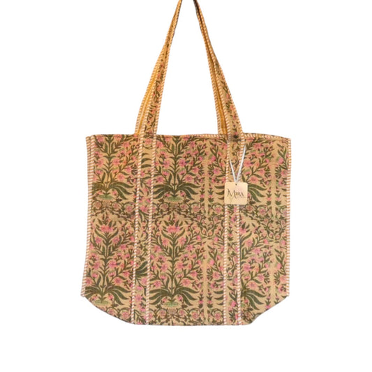 Yellow Floral Hand Block Printed Cotton Tote Bag