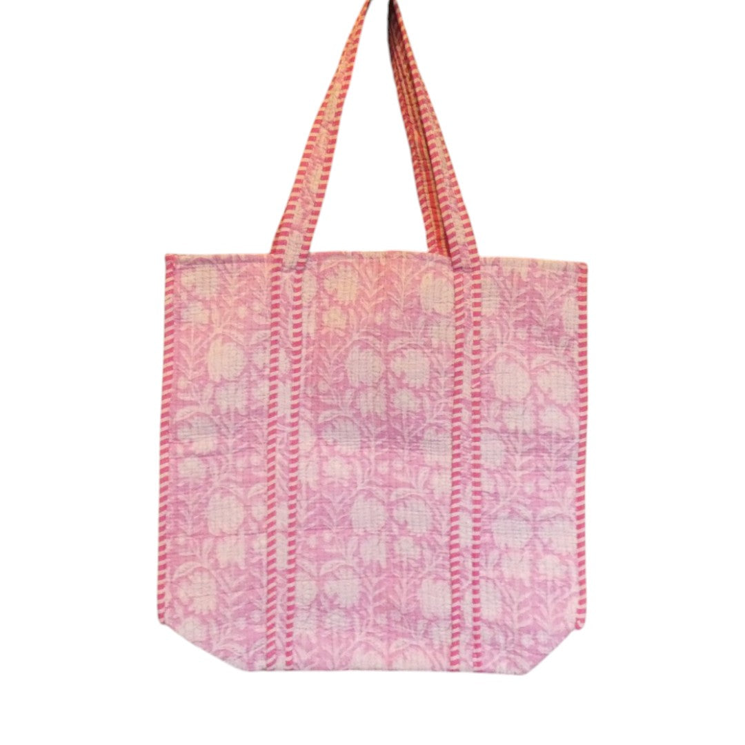 Pink And White Floral Hand Block Printed Cotton Tote Bag