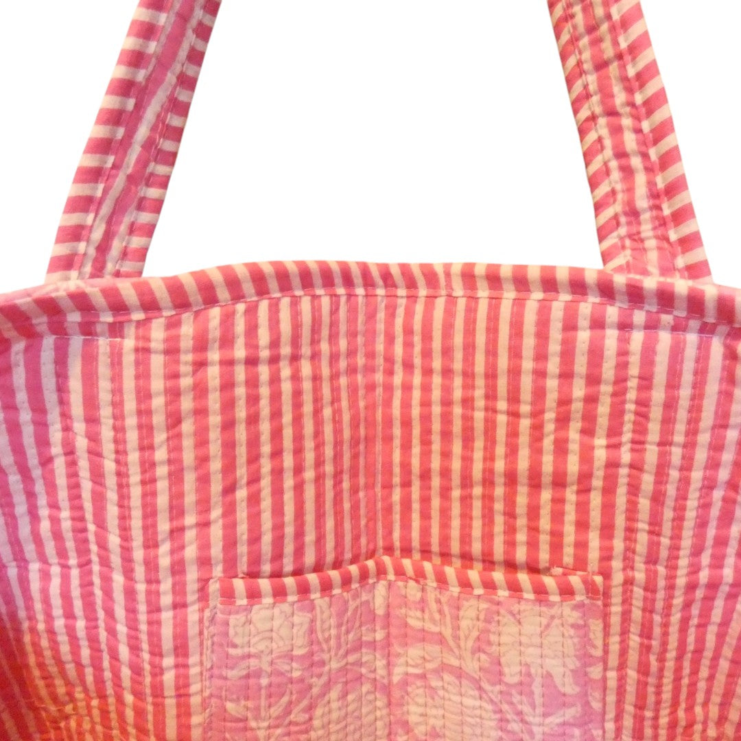 Pink And White Floral Hand Block Printed Cotton Tote Bag