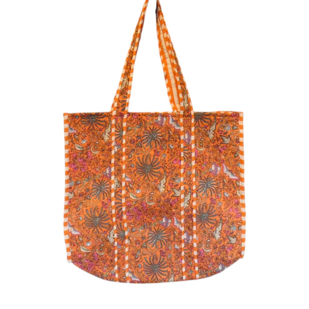 Orange Butterflies Hand Block Printed Cotton Tote Bag
