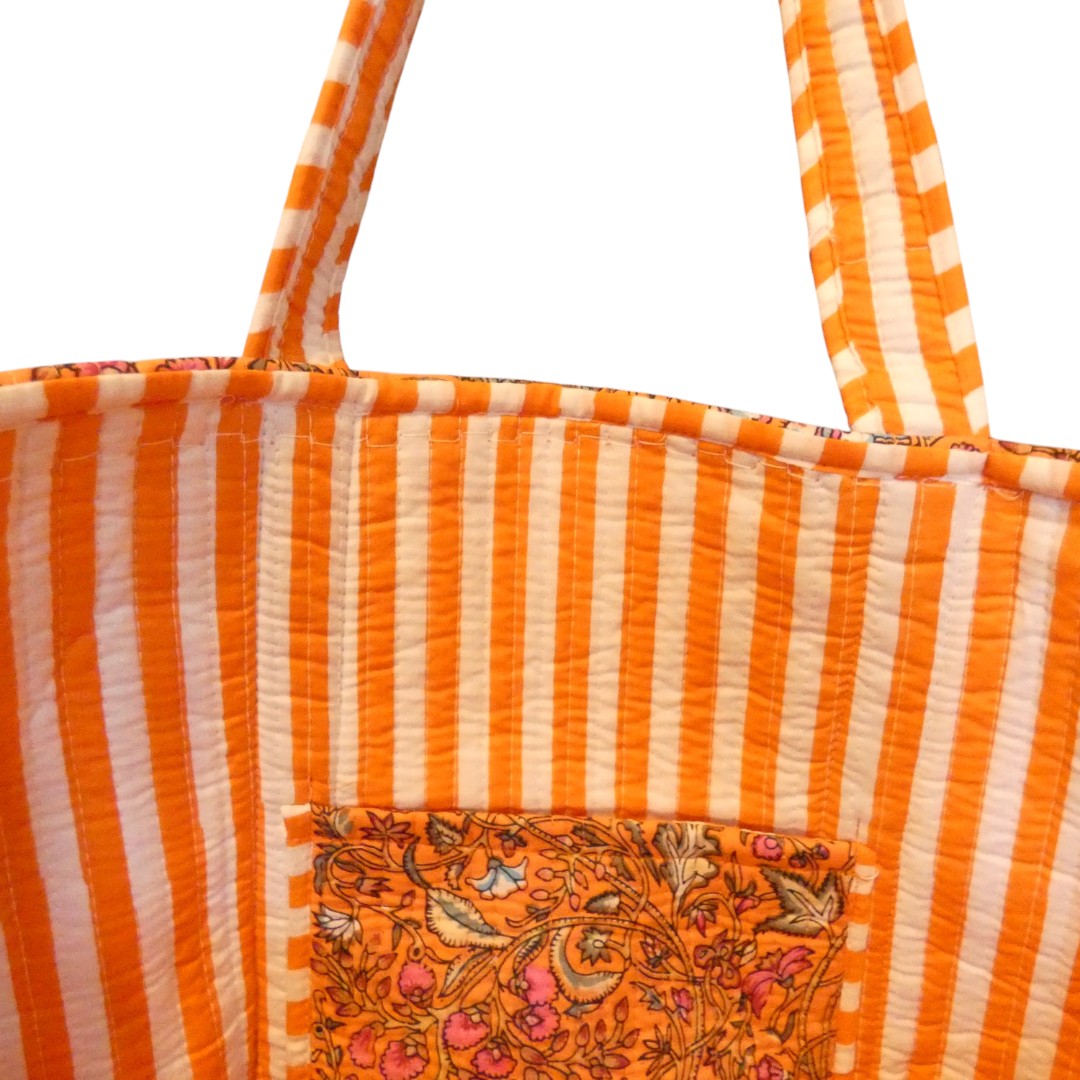 Orange Butterflies Hand Block Printed Cotton Tote Bag