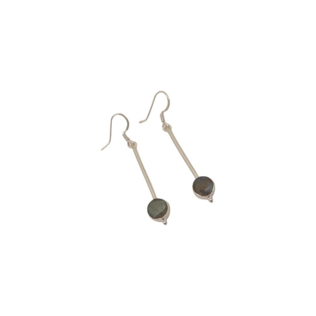 Sterling Silver Labradorite Straight Drop Earrings With Round Stone 2"