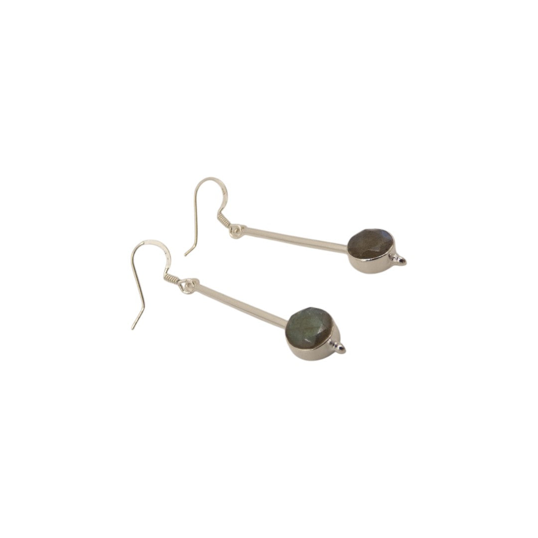 Sterling Silver Labradorite Straight Drop Earrings With Round Stone 2"