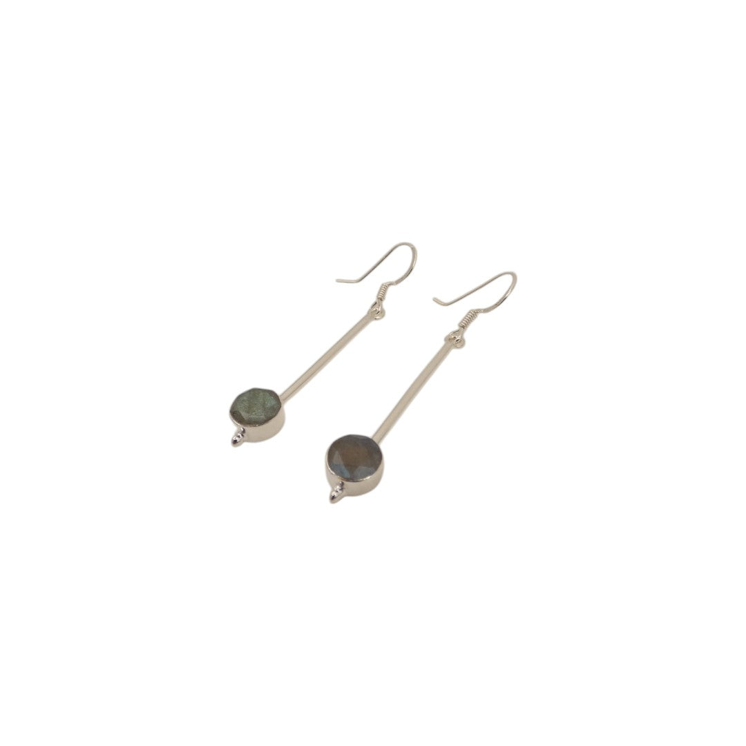 Sterling Silver Labradorite Straight Drop Earrings With Round Stone 2"