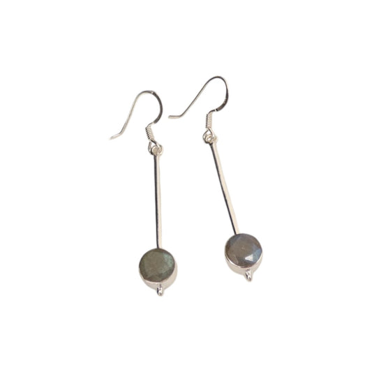 Sterling Silver Labradorite Straight Drop Earrings With Round Stone 2"