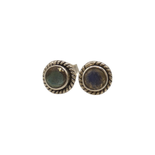 Sterling Silver Labradorite Ornate Round Stud Earrings 0.3"
