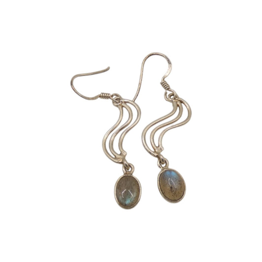 Sterling Silver Labradorite Swirl Drop Earrings With Oval Stone 1.9"