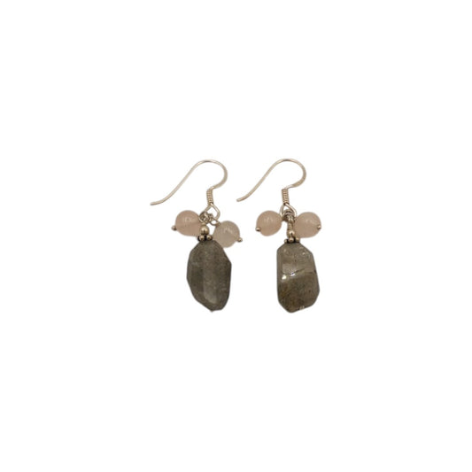 Sterling Silver Rough Cut Labradorite With Rose Quartz Beads Earrings 1.5"