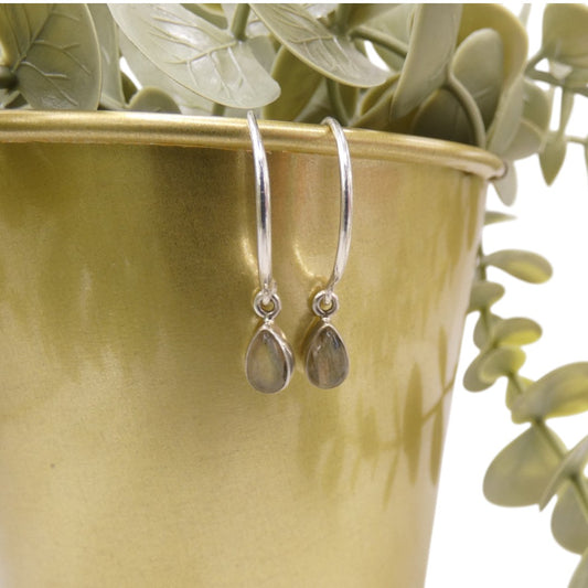 Sterling Silver Labradorite  Hoop Earrings With Drop Stone 0.75"