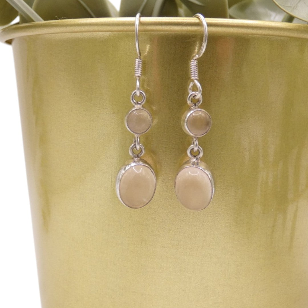 Sterling Silver Rose Quartz Double Stone Drop Earrings 1.5"