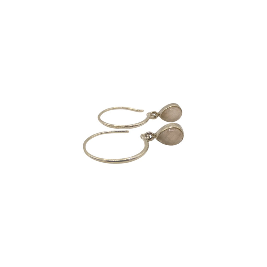 Sterling Silver Rose Quartz Hoop Earrings With Drop Stone 0.75"