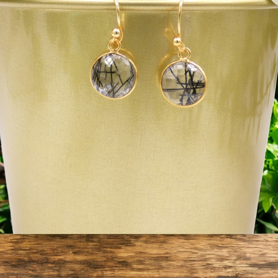 Gold Plated Sterling Silver Black Rutilated Quartz Earrings 0.8"