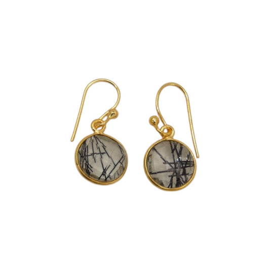 Gold Plated Sterling Silver Black Rutilated Quartz Earrings 0.8"