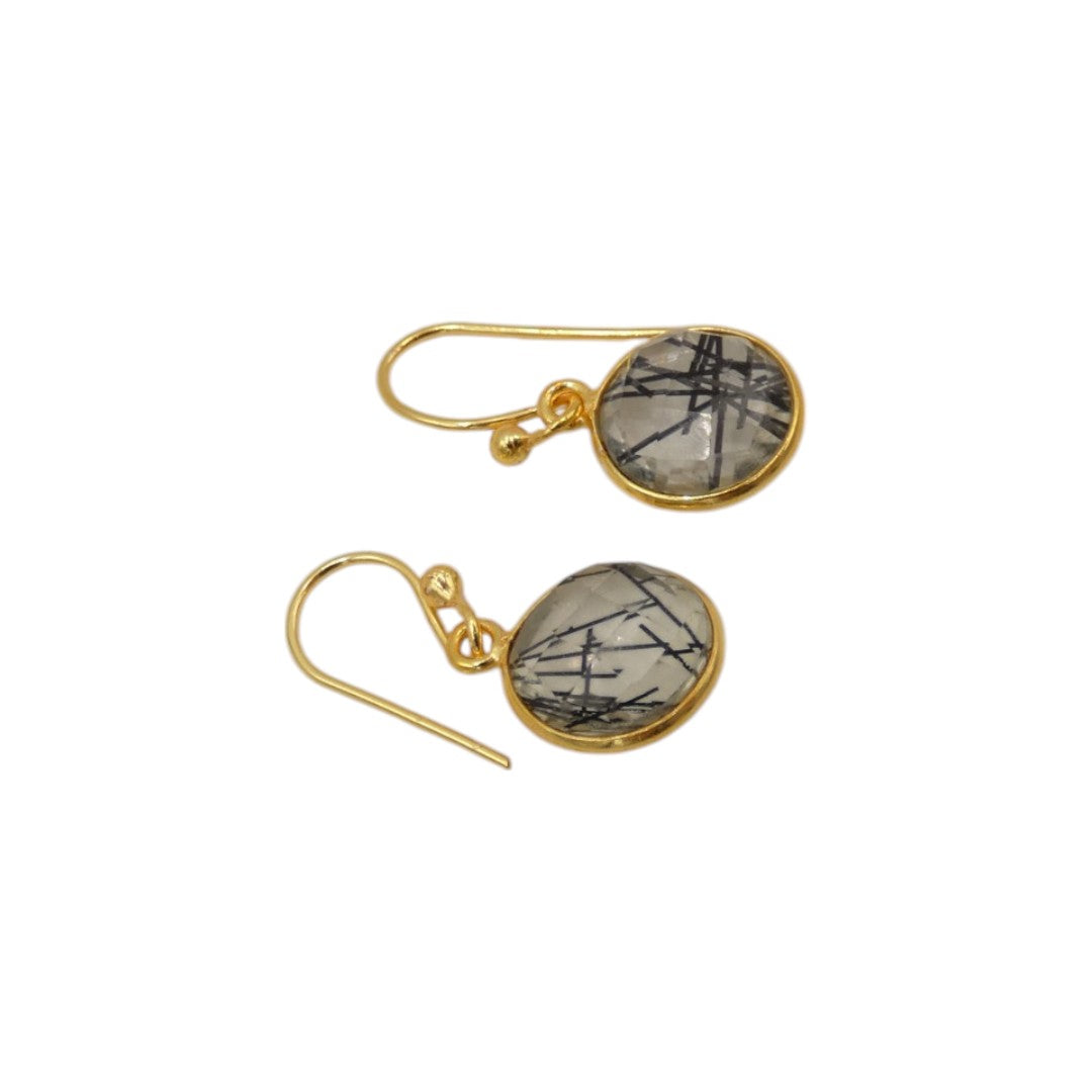 Gold Plated Sterling Silver Black Rutilated Quartz Earrings 0.8"