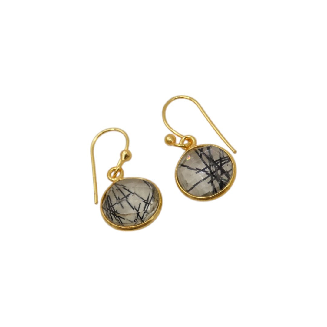 Gold Plated Sterling Silver Black Rutilated Quartz Earrings 0.8"
