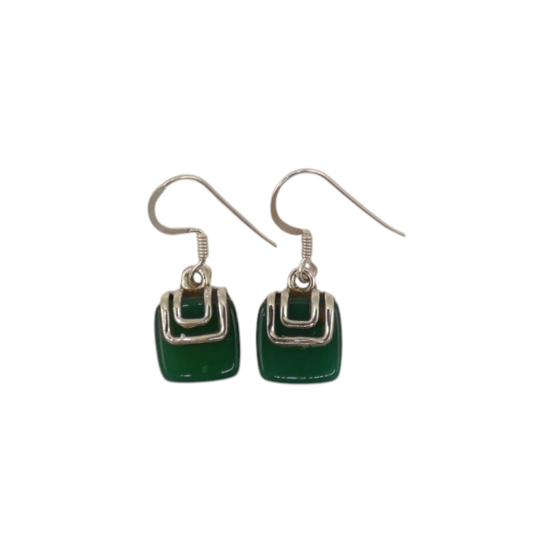 Sterling Silver Green Onyx Silver On Stone Drop Earrings 1.1"