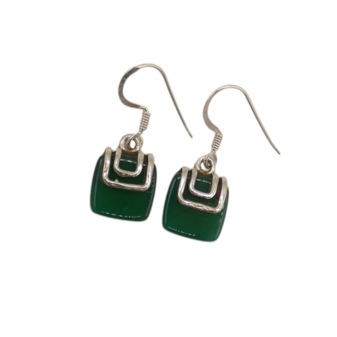 Sterling Silver Green Onyx Silver On Stone Drop Earrings 1.1"