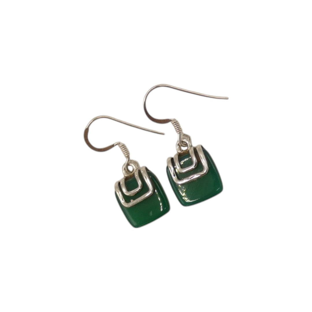 Sterling Silver Green Onyx Silver On Stone Drop Earrings 1.1"