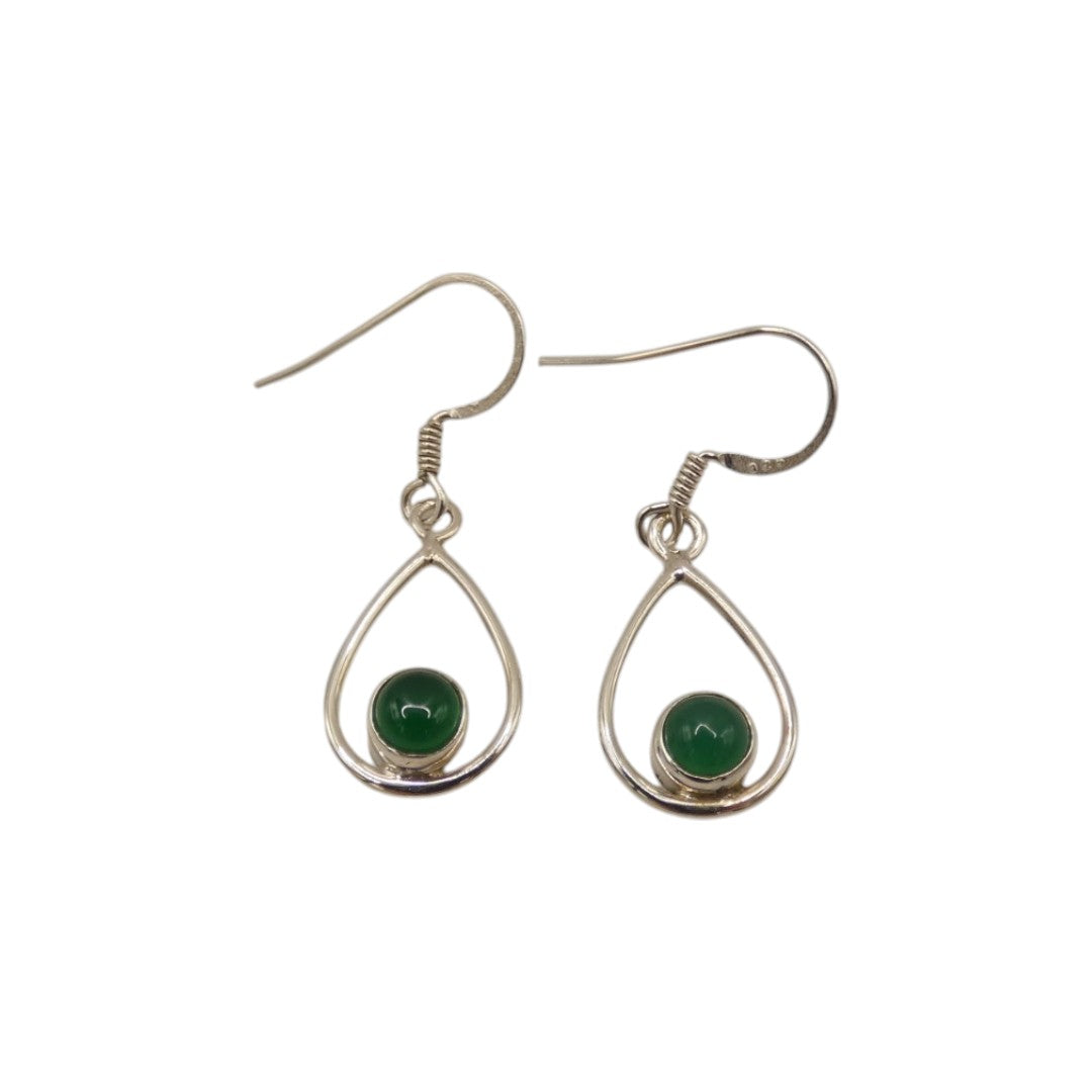 Sterling Silver Green Onyx Open Teardrop Shape Earrings 1.4"
