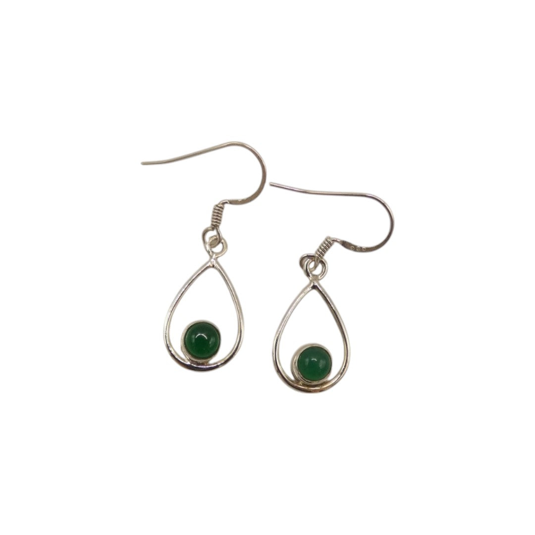 Sterling Silver Green Onyx Open Teardrop Shape Earrings 1.4"