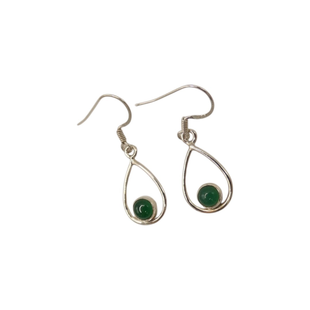 Sterling Silver Green Onyx Open Teardrop Shape Earrings 1.4"