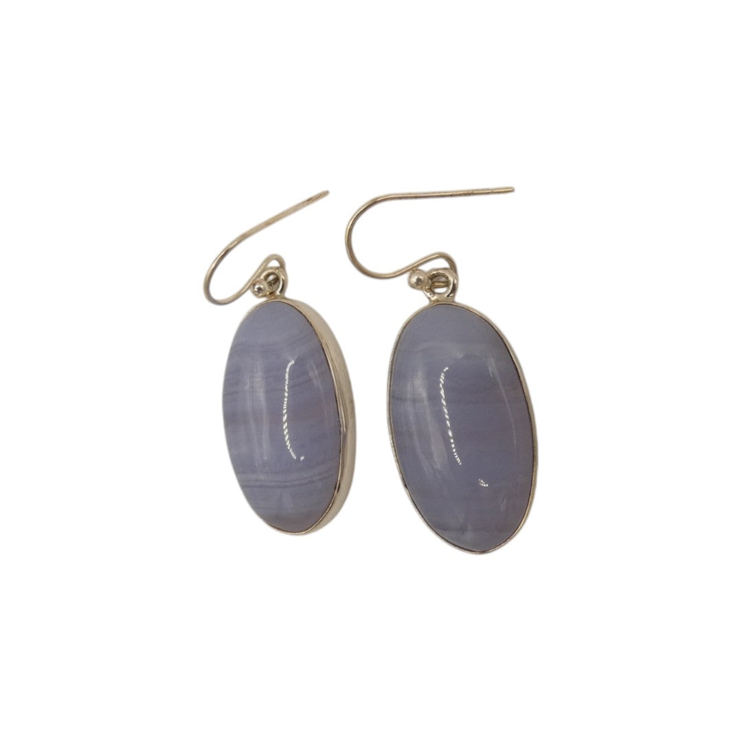 Sterling Silver Blue Lace Agate Oval Drop Earrings 1.4"