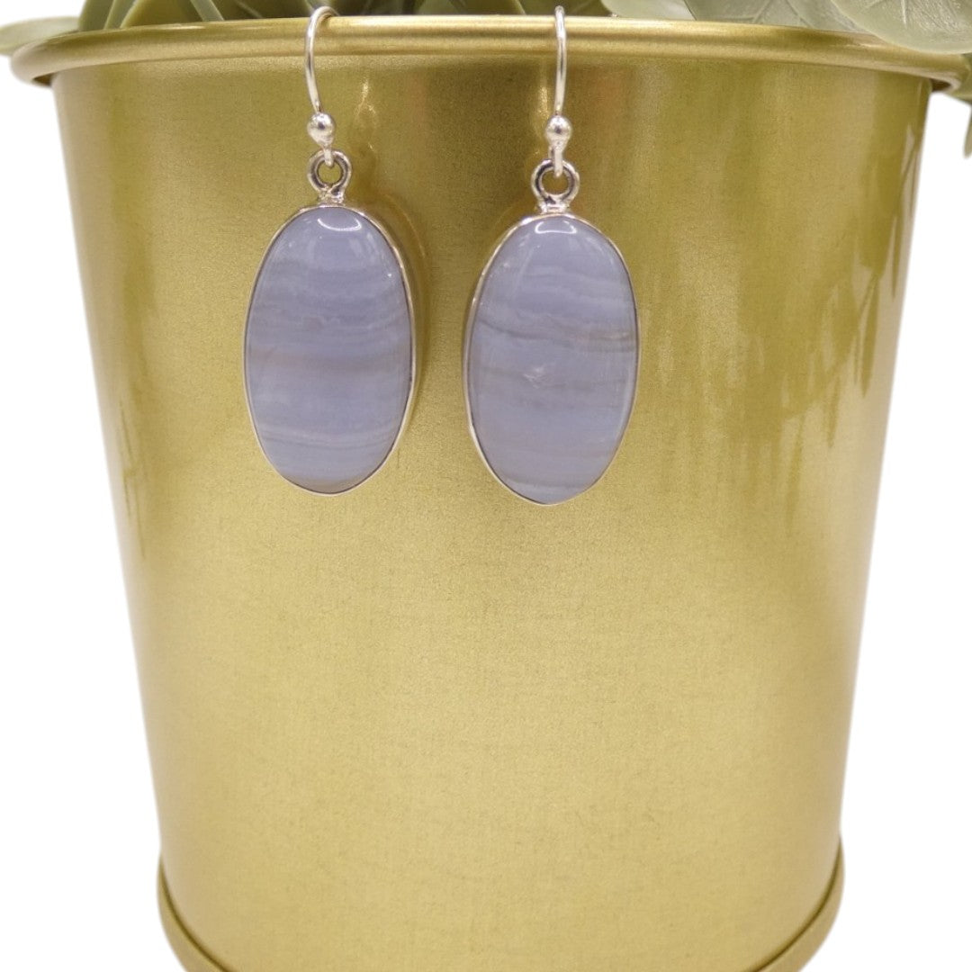 Sterling Silver Blue Lace Agate Oval Drop Earrings 1.4"
