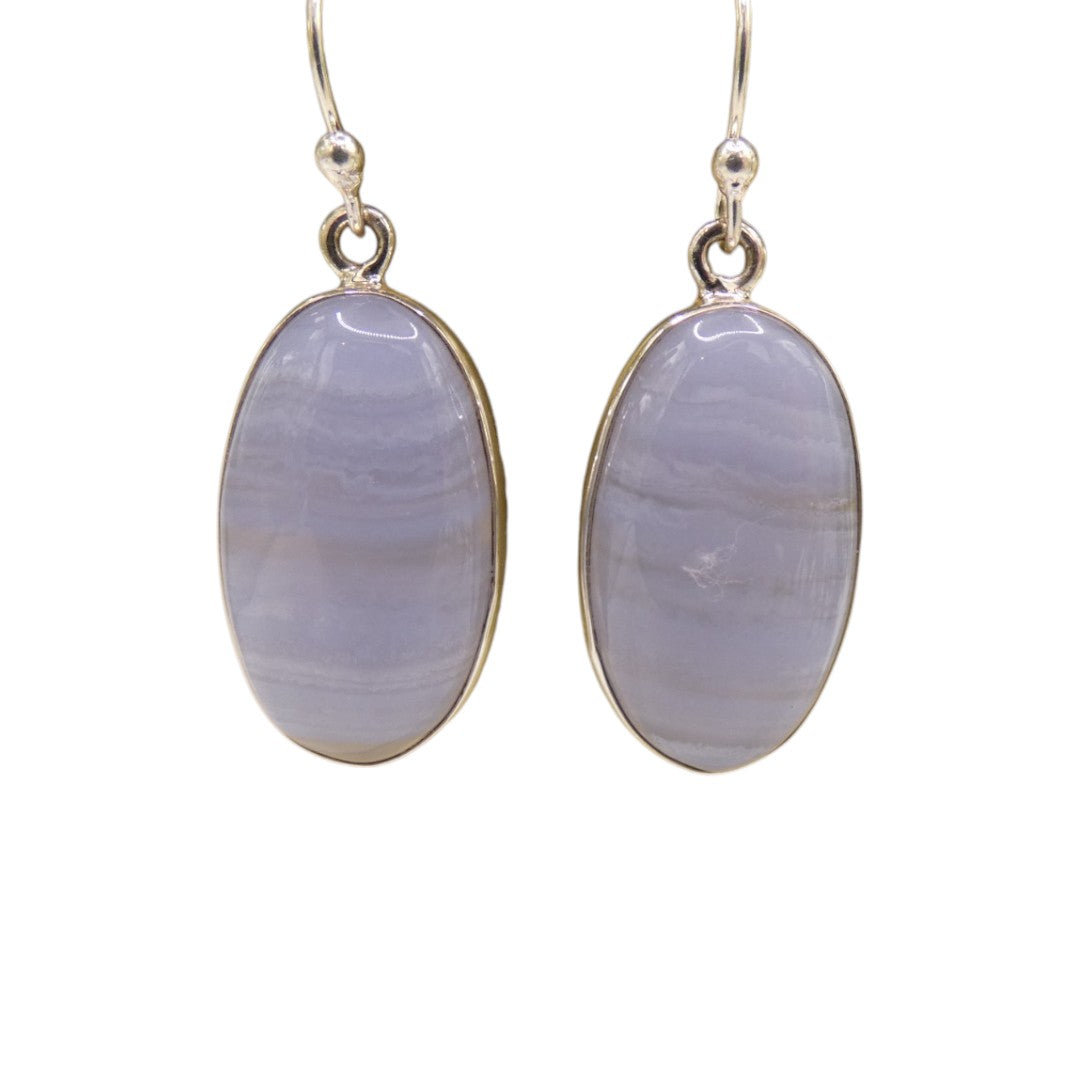 Sterling Silver Blue Lace Agate Oval Drop Earrings 1.4"