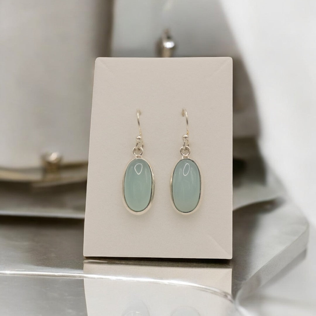 Sterling Silver Chalcedony Oval Drop Earrings 1.5"