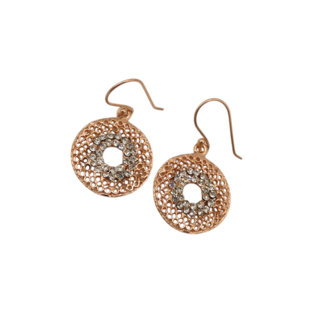 Rose Gold Plated Sterling Silver With Cubic Zirconia Round Drop Earrings 1"