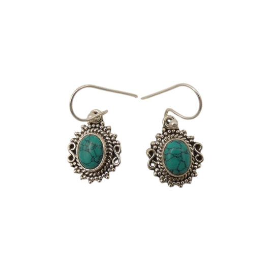 Sterling Silver Turquoise Ornate Drop Earrings 1"