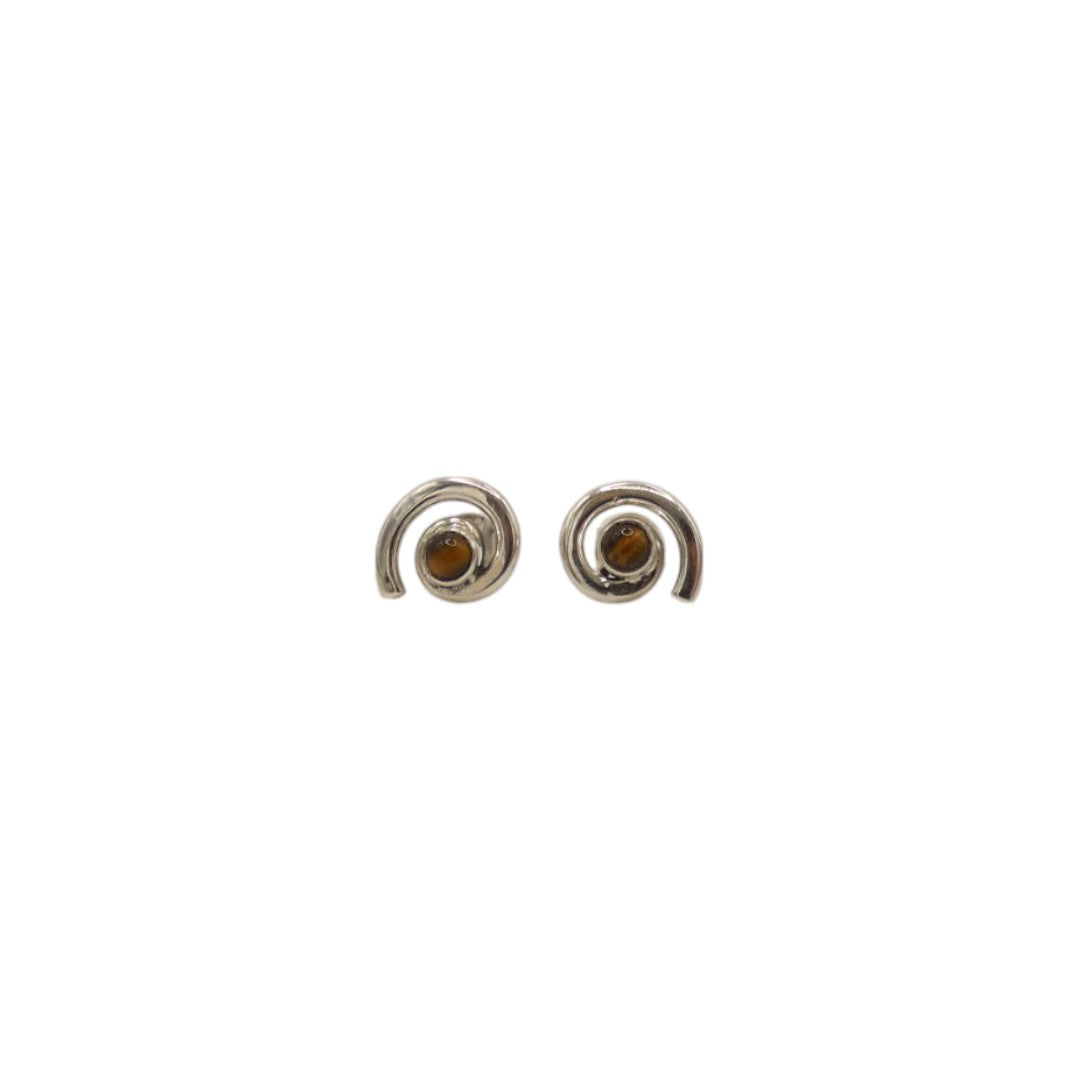 Sterling Silver Tiger's Eye Swirl Stud Earrings With Centre Stone 0.6"