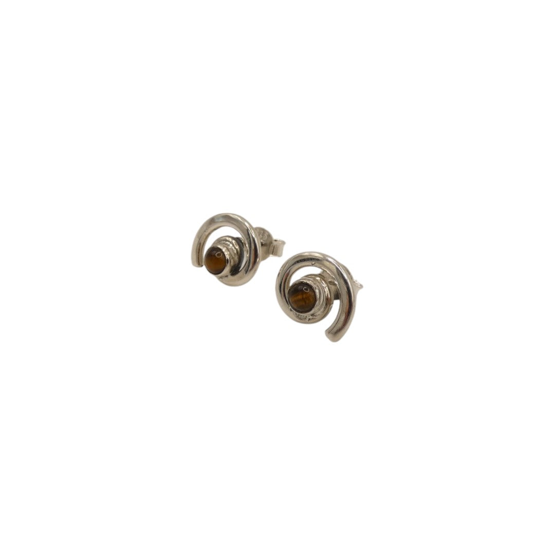 Sterling Silver Tiger's Eye Swirl Stud Earrings With Centre Stone 0.6"