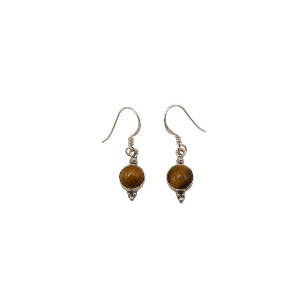 Sterling Silver Tiger's Eye Round Stone Drop Earrings 1.2"