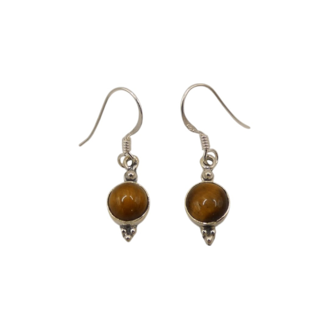 Sterling Silver Tiger's Eye Round Stone Drop Earrings 1.2"