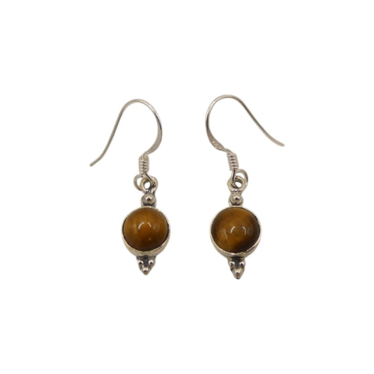 Sterling Silver Tiger's Eye Round Stone Drop Earrings 1.2"