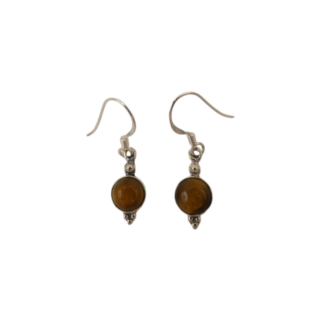 Sterling Silver Tiger's Eye Round Stone Drop Earrings 1.2"