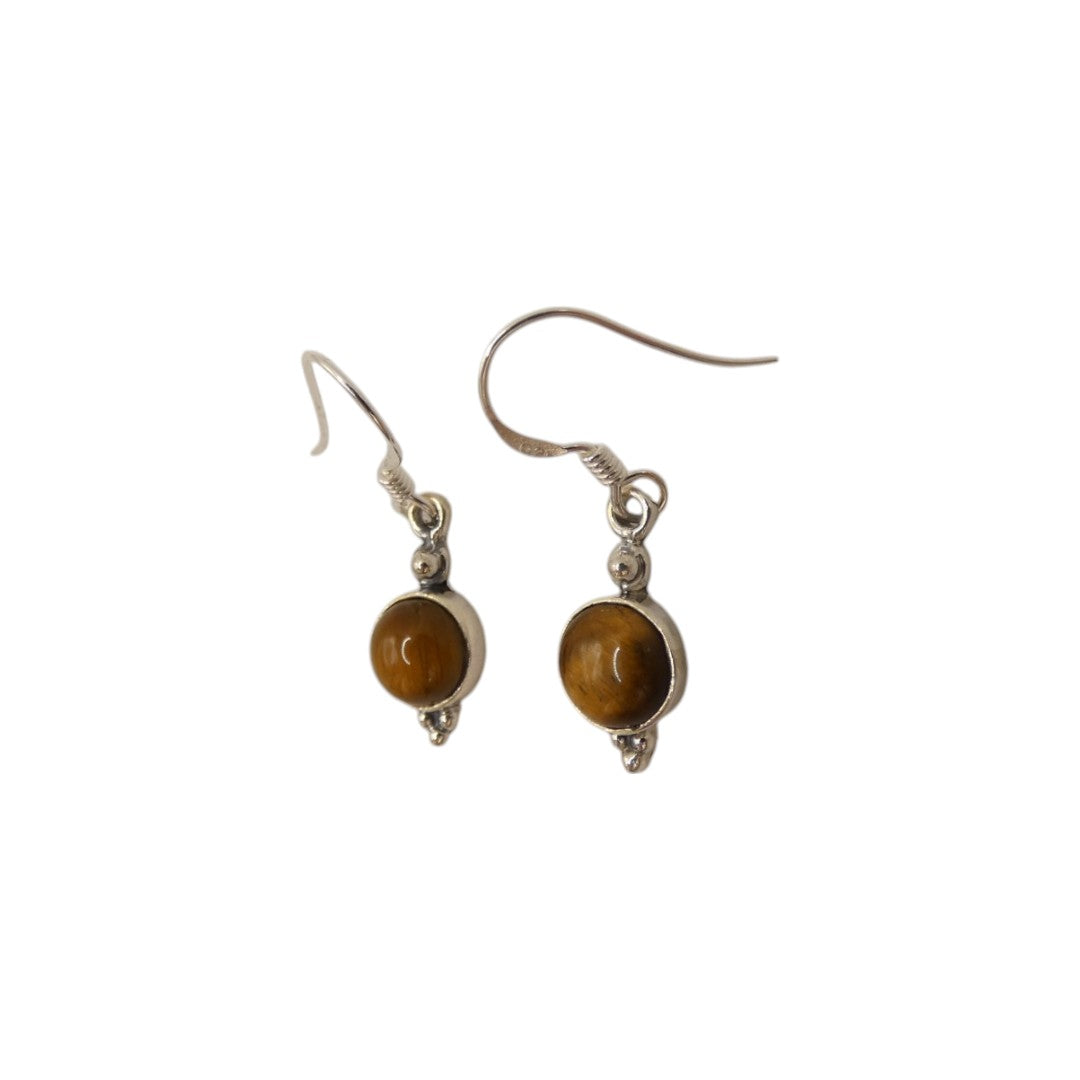 Sterling Silver Tiger's Eye Round Stone Drop Earrings 1.2"