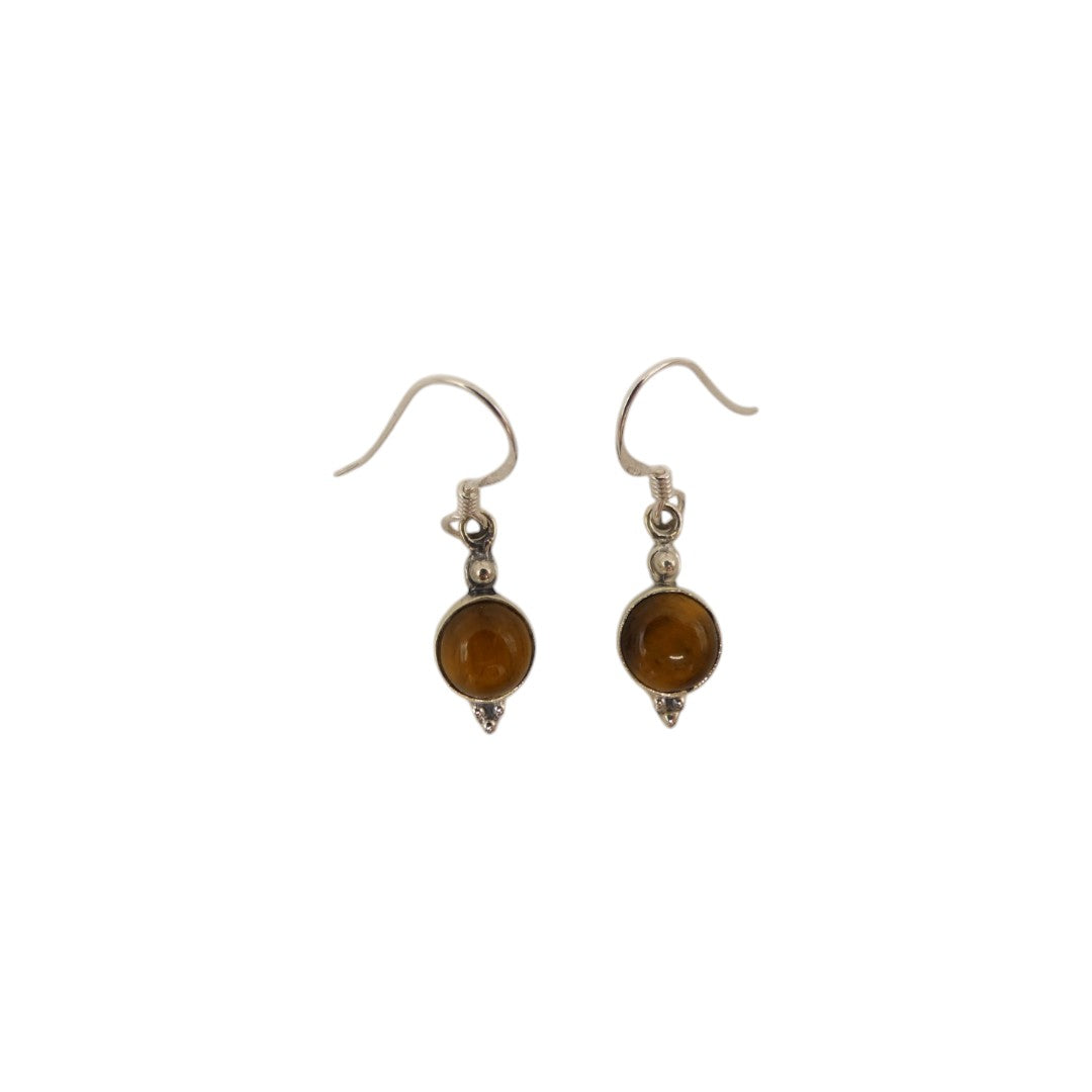 Sterling Silver Tiger's Eye Round Stone Drop Earrings 1.2"