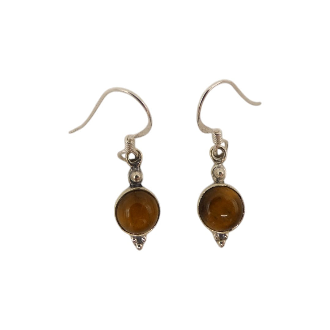Sterling Silver Tiger's Eye Round Stone Drop Earrings 1.2"