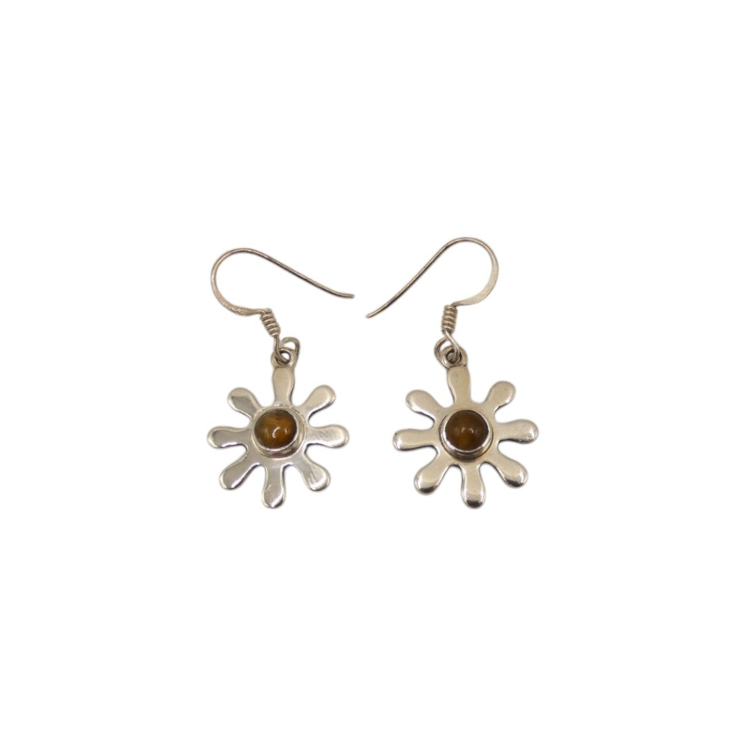 Sterling Silver Tiger's Eye Daisy Design Drop Earrings 1.4"