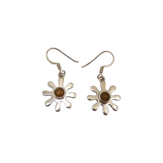 Sterling Silver Tiger's Eye Daisy Design Drop Earrings 1.4"