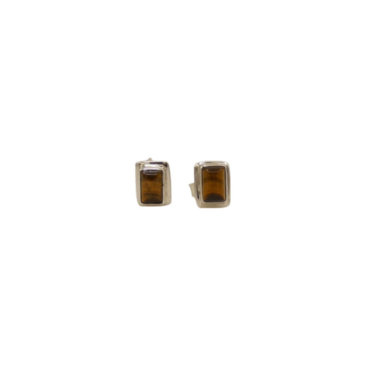 Sterling Silver Tiger's Eye Rectangular Stud Earrings 0.4"