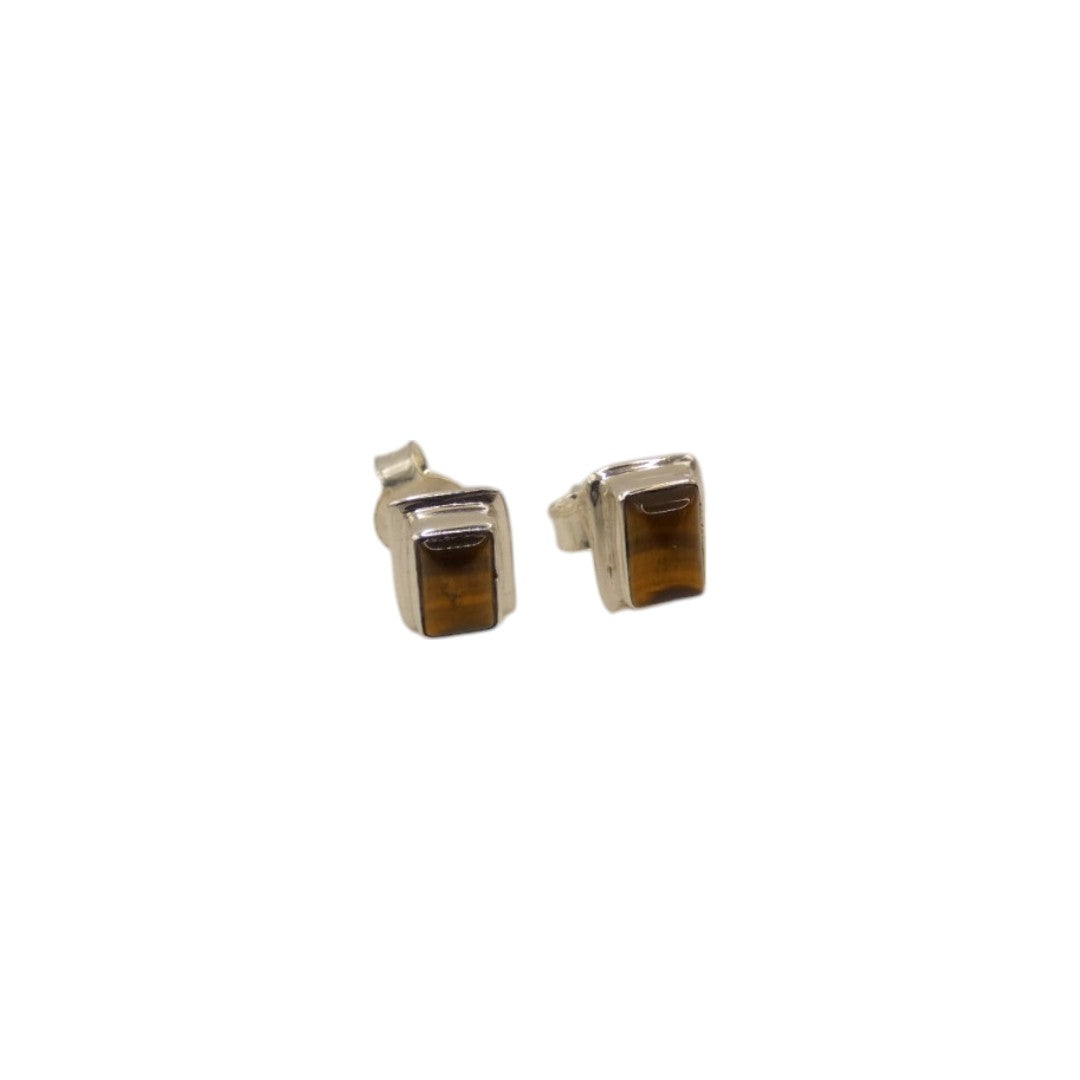 Sterling Silver Tiger's Eye Rectangular Stud Earrings 0.4"