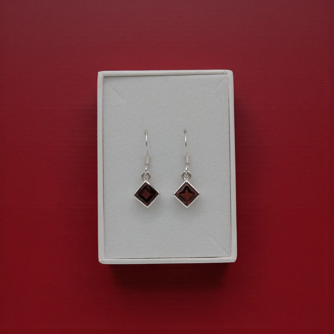 Sterling Silver Garnet Diamond Shape Drop Earrings 1.1"