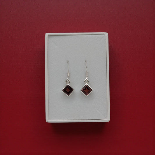 Sterling Silver Garnet Diamond Shape Drop Earrings 1.1"
